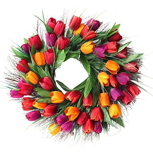 SISJULY Tulip Flower Wreath Door Wreath 18" Artificial Floral Wreath Spring Garland for Front Door Wall Window Wedding Party Office Home Décor (Red)