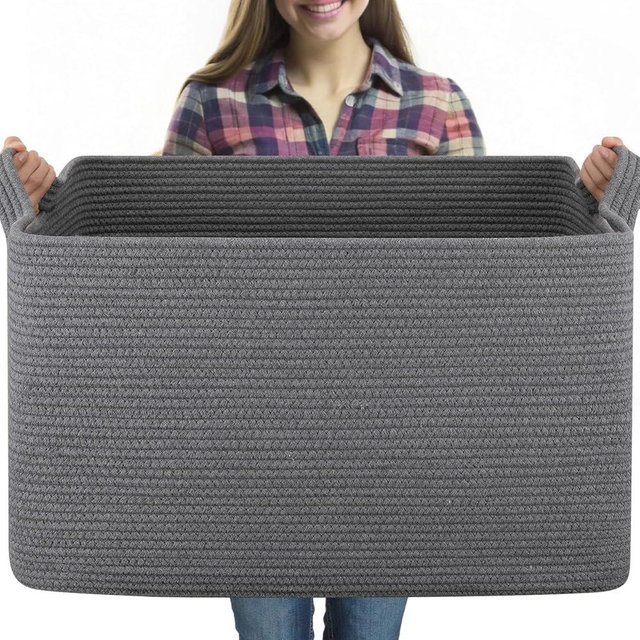 OIASKET Extra Large Blanket Basket, Woven Storage Basket for Living Room, Nursery Blanket Storage, Rectangle Storage Basket for Toys, Towels, Dirty Clothes Basket, 23.6" x 16.5" x 13.8" (Grey)