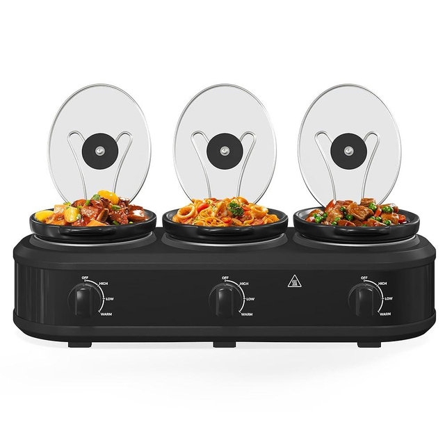 Triple Slow Cooker, 3×1.5 QT Buffet Servers and Warmers, 3 Pots Buffet Slow Cooker Adjustable Temp Lid Rests Stainless Steel Black
