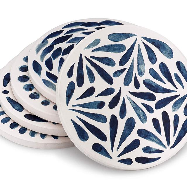 Ceramic Coasters for Drinks Absorbent 5pc - Modern stone coasters White Blue Absorbent Coasters - Round Cork coasters Base coasters set - Drink Coasters Housewarming Gift marble coasters coaster set
