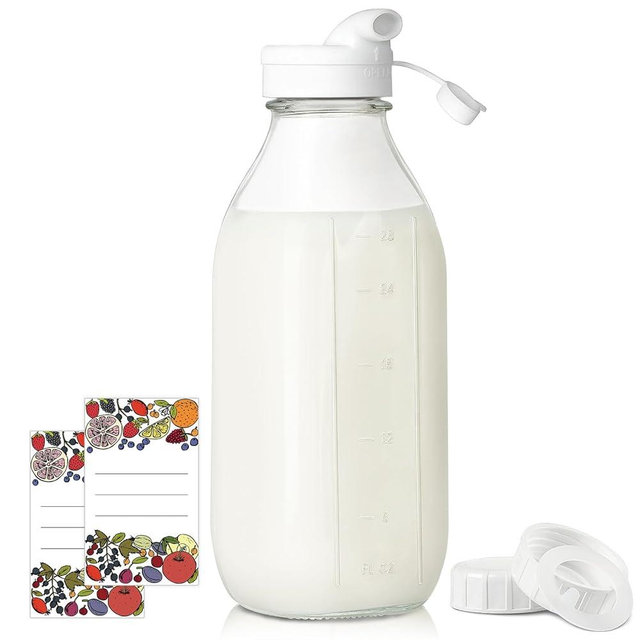 Syntic Square Liter Glass Milk Bottles with Airtight Lid - 100% Airtight Heavy Duty Screw Lid, 32 Oz Glass Juice Bottles w Scale Mark, Reusable Glass Jars for Homemade Juice(Extra 1 Lid and Pen)