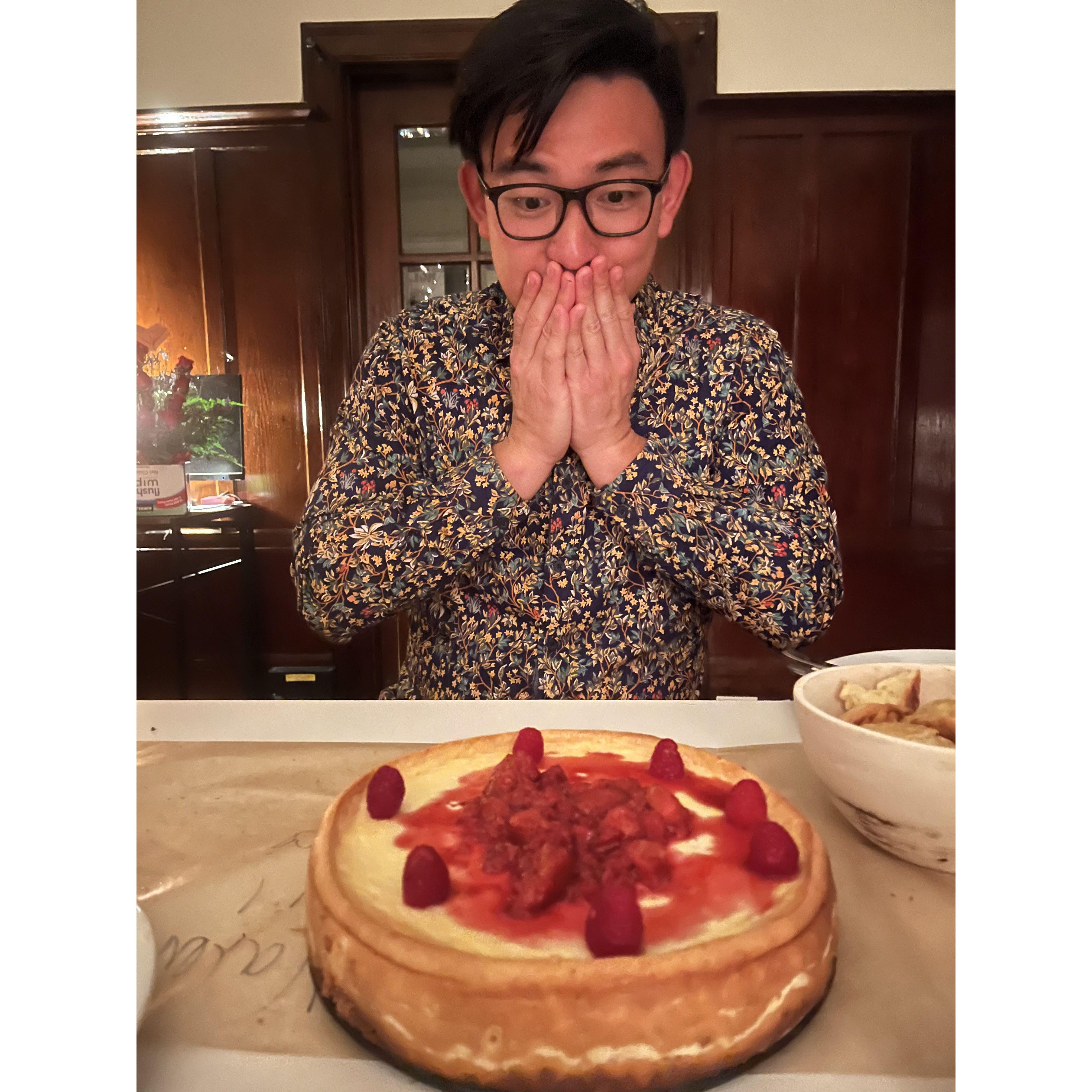 Kickoff to their valentine's day tradition of cooking each other a fancy meal. The first year, Arnelle baked Tim a cheesecake!