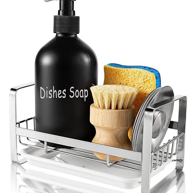 TEZZ Sponge Holder for Kitchen Sink- Stainless Steel Kitchen Storage Sink Caddy for Organizing Sponge, Brush & Soap Dish Dispenser, Kitchen Sink Organizer Rack with adhesive or Counter top, Silver