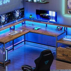 L-Shaped Computer Desk with Power Outlet - Brown