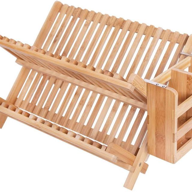 Dish Rack,Bamboo Folding 2-Tier Collapsible Drainer Dish Drying Rack with Utensils Flatware Holder Set (Dish Rack with Utensil Holder)