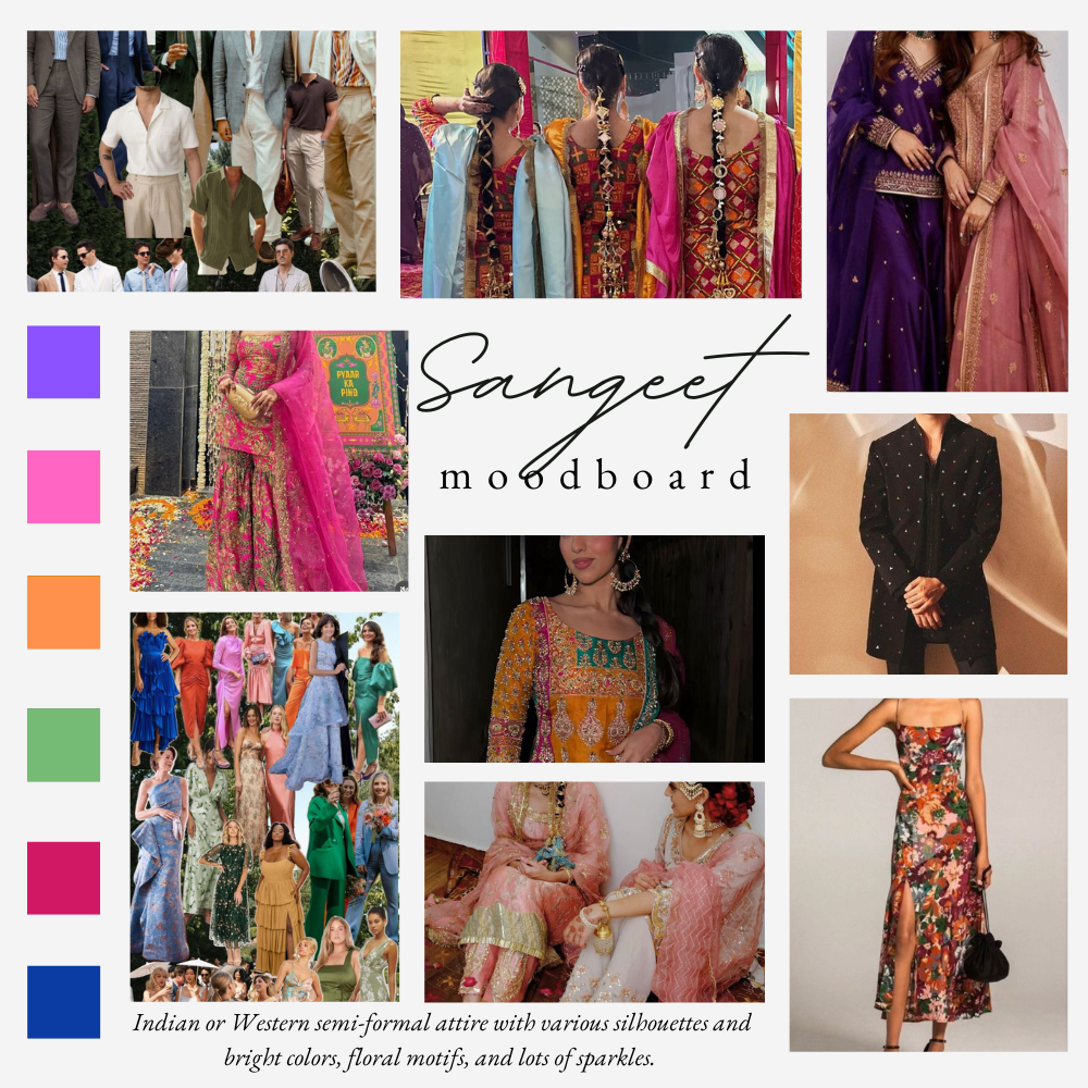 Indian or Western semi-formal attire with various silhouettes and bright colors, floral motifs, and lots of sparkles.