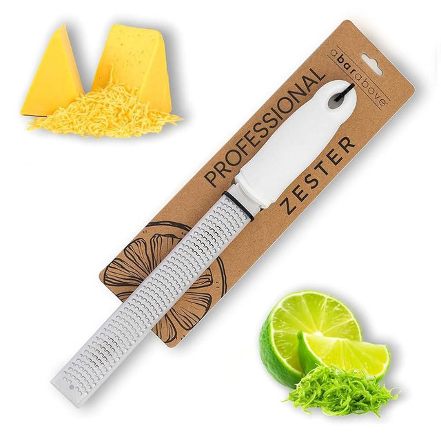 A Bar Above Lemon Zester and Cheese Grater, Professional 12 Inch Stainless Steel Hand Grater for Citrus, Parmesan, Ginger, Chocolate, Ergonomic Handle, Dishwasher Safe, Perfect Kitchen Gadget, White