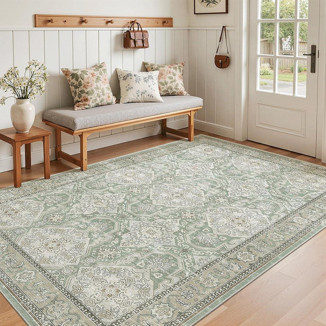 Soalmost 3x5 Rug, Small Area Rug for Kitchen, Entryway, Machine Washable Non-Slip Throw Rug, Vintage Carpet for Nursery Coffee Table Green/Brown