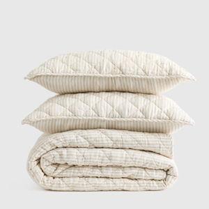 European Linen Striped Quilt Set in Natural/White Stripe