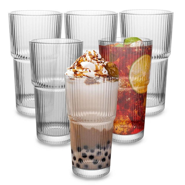 CHPINDAM Drinking Glasses，19oz Ribbed Glassware,6 Pack Old Fashioned Glasses,Thickened glass for iced coffees, smoothies, cocktails and juices, perfect for families and parties (6)
