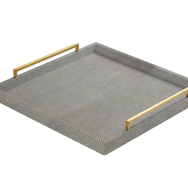 24" Extra Large Grey Shagreen Ottoman Tray Functional Square Serving Tray Stylish Decorative Tray for Modern Home Living Room (Grey-Gold Handle, 24")