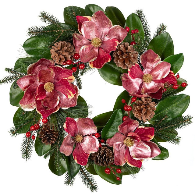 Briful 24in Christmas Magnolia Flower Wreath for Front Door Artificial Red Magnolia Floral Wreath with Pine Cones Berries Outdoor Christmas Wreath for Xmas Home Room Wall Window Mantle Decor