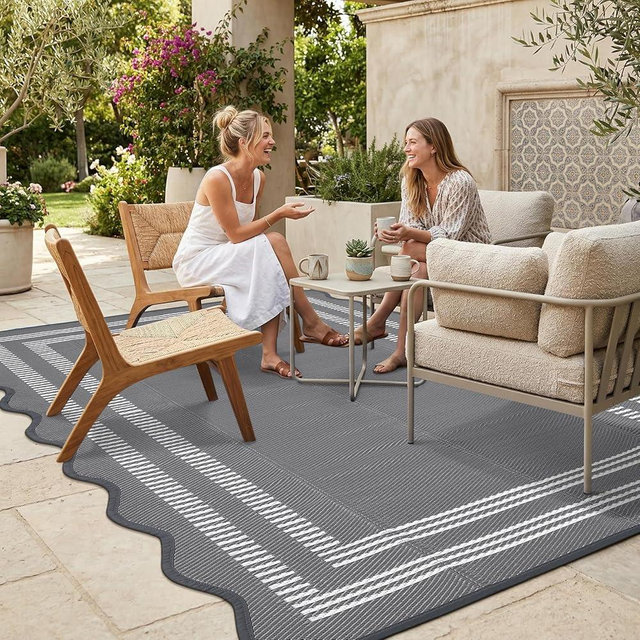 Garvee Waterproof Outdoor Rug 6x9, Scalloped Geometric Foldable Plastic Straw Patio Camping Rug, Outdoor RV Carpet for Deck Camper Porch Balcony Backyard Picnic Beach Gray