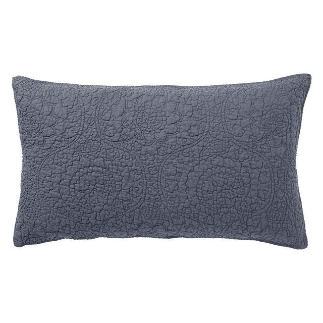 Steel Blue Belgian Flax Linen Floral Stitch King Shams, Set of 2