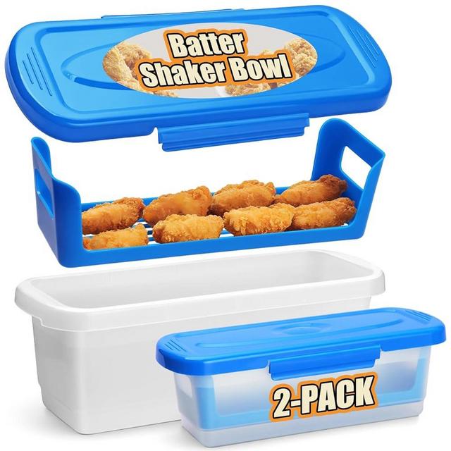 Batter Breader Shaker Bowl with Lid, 2-pack Mess Free Breading Shaker Bowl, Fish Batter Shaker Container with Breading Tray, Batter Bowl Shaker for Fish Frying Chicken Wings Fish Onion Rings Veggies