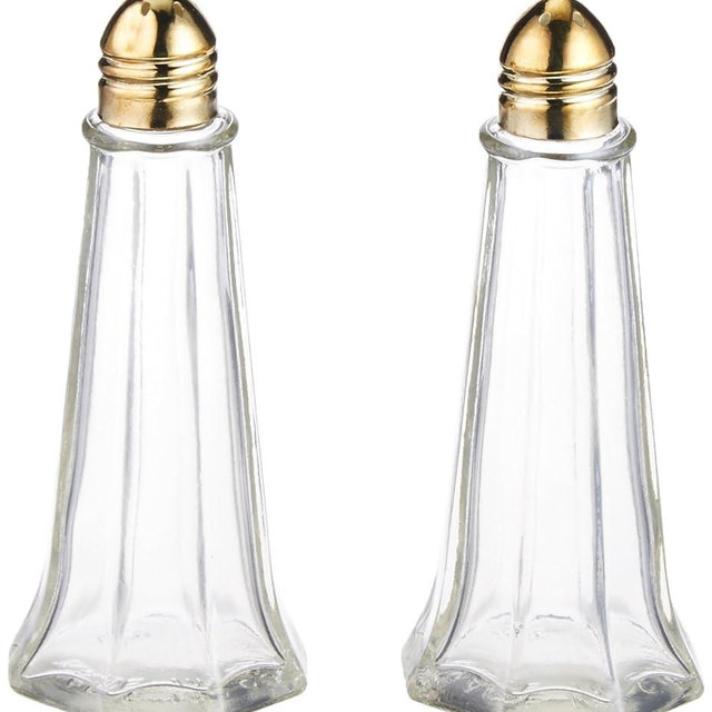 1 oz. (Ounce) Classic Tower Style Salt & Pepper Shaker, Restaurant Shakers, Polished Gold Top, Glass Body - Set of 2