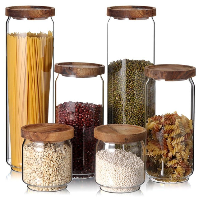 SiliFine 6 Set Glass Pantry Storage Jars with Acacia Airtight Lid, 3 Size Glass Storage Container Jars for Pasta, Spaghetti, Cereal, Coffee Beans, Flour, Sugar, Rice, 17oz, 35oz, 53oz