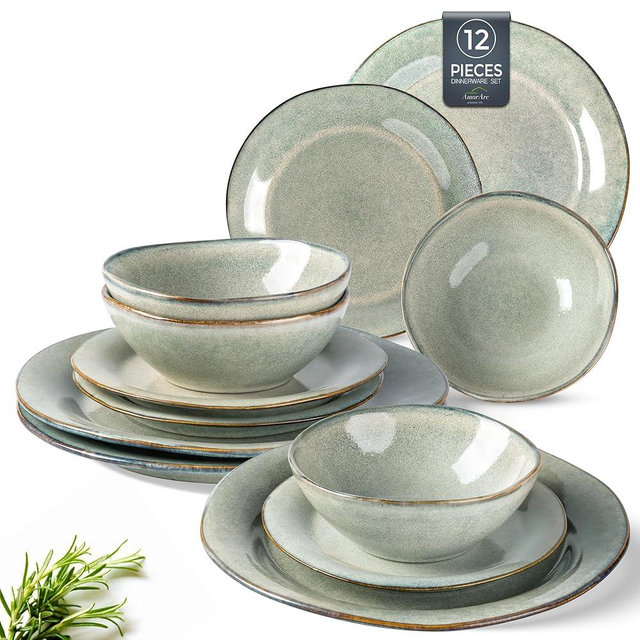 AmorArc Ceramic Dinnerware Sets, Handmade Stoneware Reactive Glaze Plates and Bowls Set, Scratch Resistant | Dishwasher & Microwave Safe Dishes Set, Service for 4 (12pc)