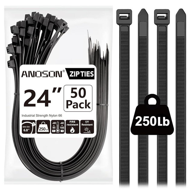 Large Zip Ties Heavy Duty Outdoor 24 inch (50 Pack), Heavy Duty Zip Ties 250 lbs, Black, by ANOSON