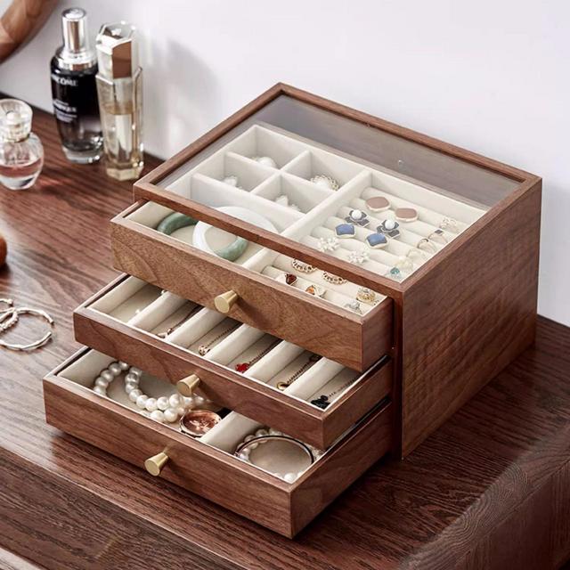 Large 2 3 4 5 Layer Glass Lid Wood Jewelry Box, Wooden Jewelry Box Case Storage, Earring Bracelet Necklace Ring Watch Organizer,Gift For Her