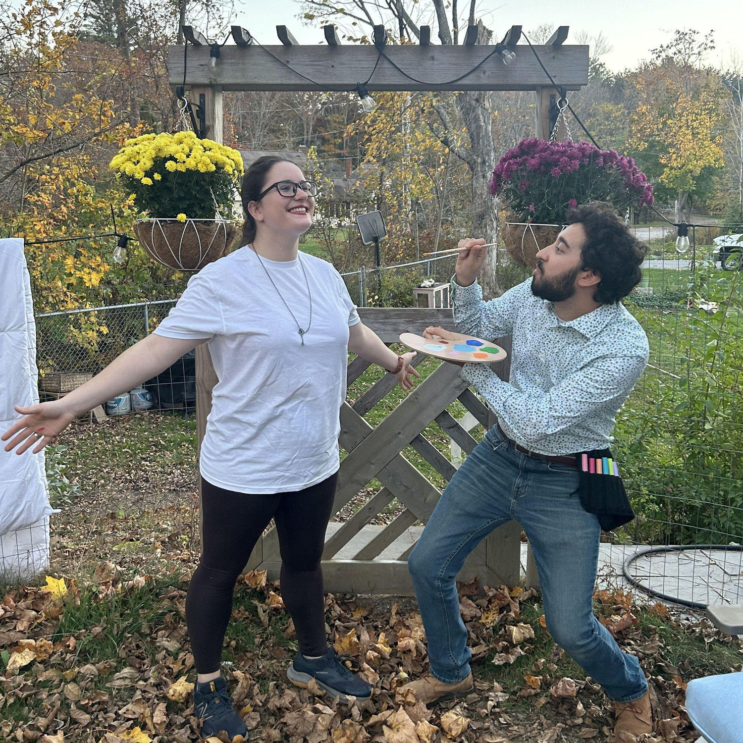 For our first Halloween, we went as Bob Ross and a painting! Sam grew his hair out for a month and Sara got a white shirt and fabric markers so it could be used as a canvas.