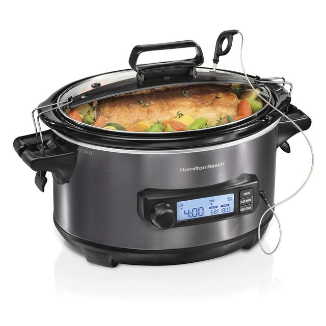 Hamilton Beach 33866 Portable 6-Quart Set Forget Digital Programmable Slow Cooker with Lid Lock, Temp Tracking Temperature Probe, Black Stainless