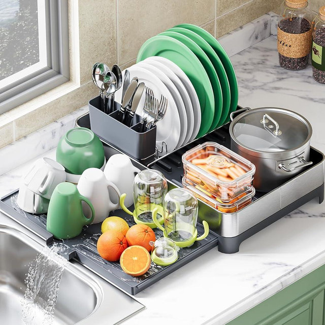 Urackify Expandable Dish Drying Rack for Kitchen Counter, 304 Stainless Steel Dish Rack, Multi-Function Dish Drainer, Dish Strainer with Cup Holder, Cutlery Holder, Extendable Medium Size