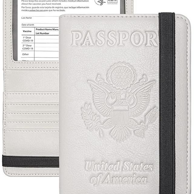 Passport and Vaccine Card Holder Combo, Cover Case with CDC Vaccination Card Slot, Leather Travel Documents Organizer Protector, with RFID Blocking (White, Classic)