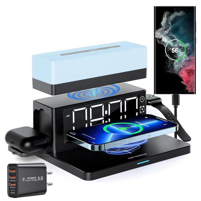 Wireless Charger,6 in 1 Wireless Charging Station with Digital Alarm Clock&Night Light,15W Fast Charger Compatible with iPhone 16/15/14/13/12/11,Samsung Galaxy AirPods & Apple Watch