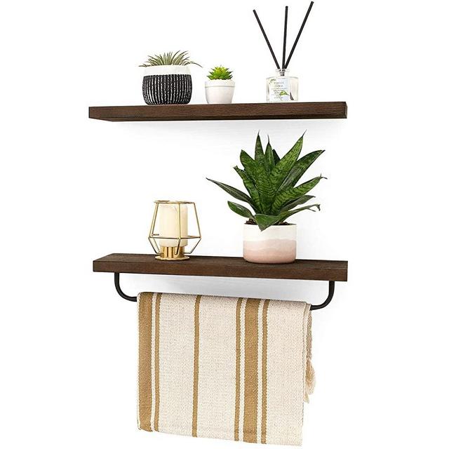 Mkono Floating Shelves Wall Mounted Wood Shelf for Bathroom Kitchen Shelving Storage with Removable Towel Bar and 8 Hooks Rustic Home Decor Organize, Set of 2