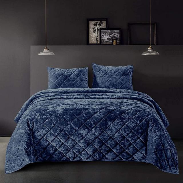 Shalala Velvet Quilt Sets Queen Size,Queen Quilt Bedding Set,Lightweight Comforter,Luxury Coverlet Diamond Quilting Bedspread for All Season (Full/Queen,Navy)