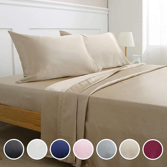 Vonty Satin Sheets Queen Size Silky Soft Satin Bed Sheets Taupe Satin Sheet Set, 1 Deep Pocket + 1 Fitted Sheet + 1 Flat Sheet + 2 Pillowcases