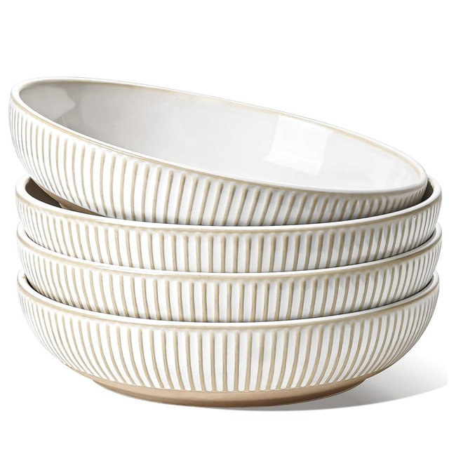 LE TAUCI Pasta Bowls 46oz, Large Salad Bowl, Ceramic Embossment Stoneware Serving Plate for Fruits, Noodle, Dinner, House-warming Wedding Present - 9 Inch, Set of 4, Arctic White