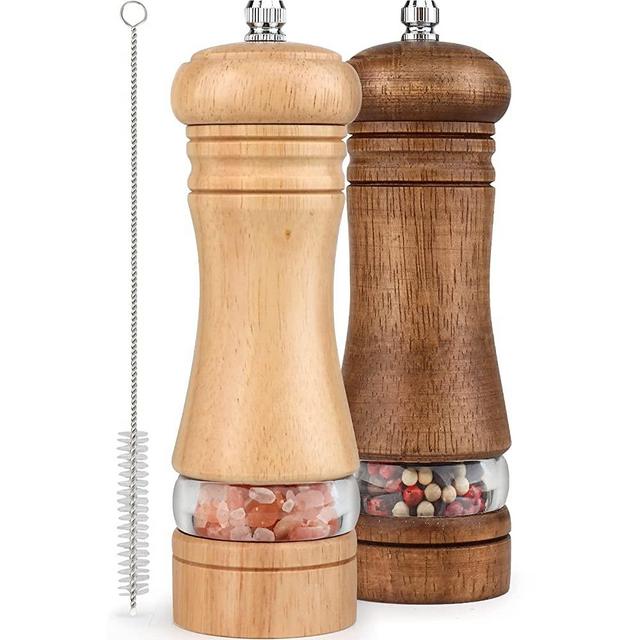 MuuWooden Wooden Salt and Pepper Grinder Set, Refillable Pepper Mill Wood Salt and Peppers Shakers, Adustable Ceramic Roter & Transparent Spice Pepper Mills for Kitchen Gift with Brush - 2 Pcs 6.5inch