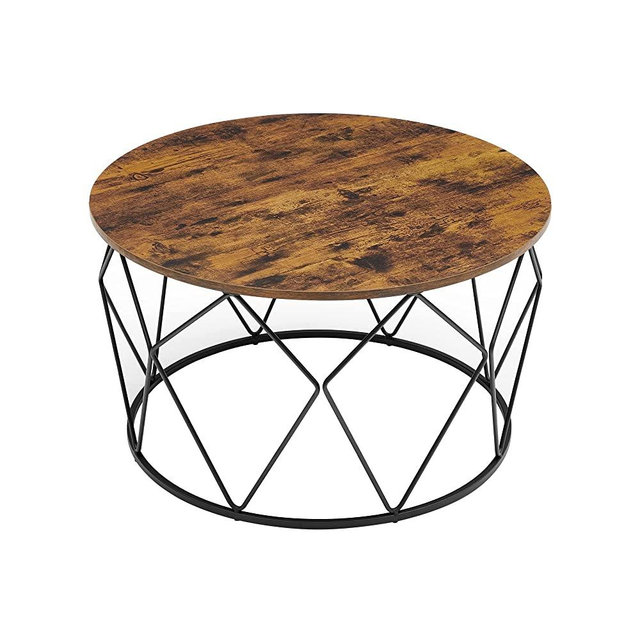 VASAGLE Round Coffee Table for Living Room, Cage Cocktail Table with Steel Frame, 31.5 Inches Dia, Industrial Style, Rustic Brown and Black ULCT040B01