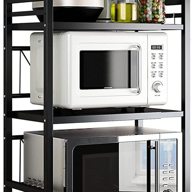 Microwave Oven Rack, Expandable Microwave Stand Countertop Kitchen Utensils Tableware Storage, Carbon Steel Over Microwave Shelf Countertop with 3 Hooks