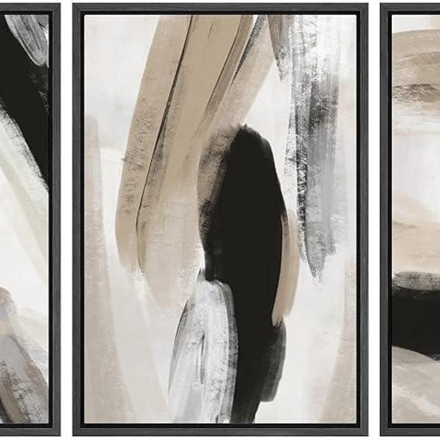 SIGNFORD Framed Canvas Print Wall Art Set Duotone Black Tan Paint Strokes Abstract Shapes Illustration Modern Art Decorative Nordic Zen for Living Room, Bedroom, Office - 16"x24"x3 Black