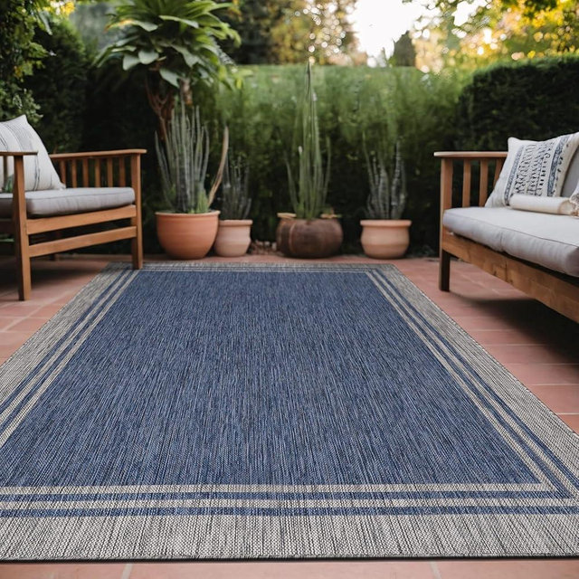 Luul Home Bordered Outdoor Rug 6x9 Washable Outside Carpet for Indoor Patio Porch Waterproof Easy Cleaning Non Shedding Area Rugs Navy 6 x 9