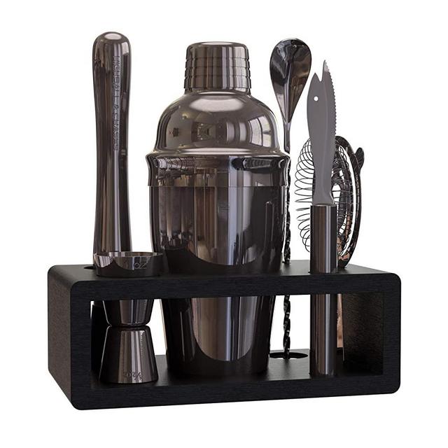 Highball & Chaser Elite Gunmetal Black Plated Bartender Kit with Stylish Bamboo Stand - Stainless Steel Cocktail Shaker Set with Rustproof Bar Tools. Perfect Bar Set for Home Bars and Drink Making