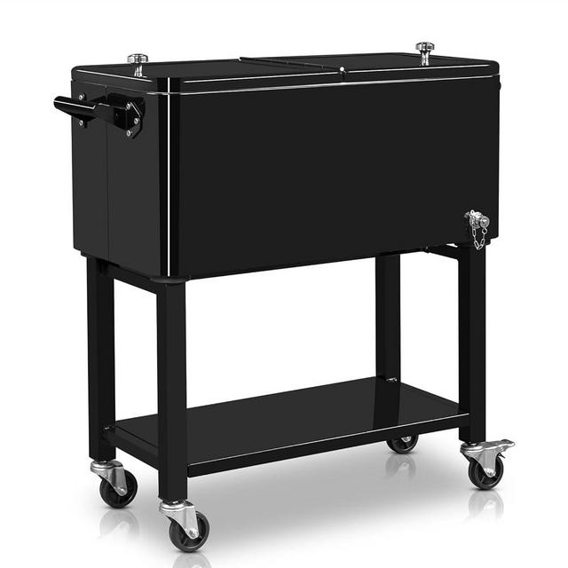 Outvita 80 Quart Rolling Ice Chest, Portable Bar Drink Cooler with Catch Basin, Bottom Storage Tray and Bottle Opener for Patio Party BBQ Beach Activities