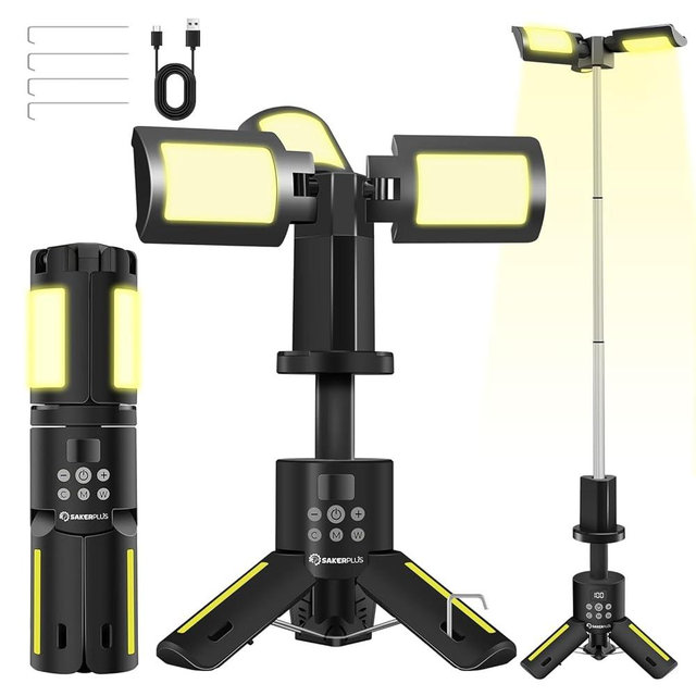 SakerPlus Portable Camping Lights with Stand, 5000LM Rechargeable LED Flashlight, 9 Color Modes, Collapsible Camping Lantern Tent Light with Magnetic Base for Power Outages, Camping & Emergency(Black)