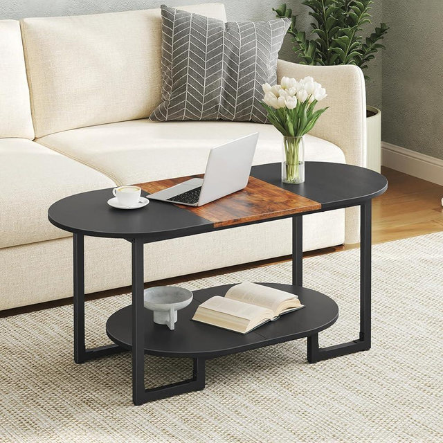 HOOBRO Coffee Table for Living Room, Oval Small Coffee Table with 2-Tier Open Storage Shelf, Industrial Cocktail Tea Table, Wooden Desktop Center Table, Home Office, Rustic Brown and Black BFK09KF01
