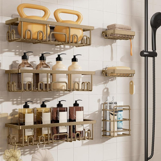 Veken Shower Caddy 6-Pack, No Drilling & Rustproof, Waterproof Adhesive Shelves Rack with Soap Holder, Large Capacity Bathroom Organizers and Storage, Wall-Mounted Kitchen & Home Decor, Matte Gold