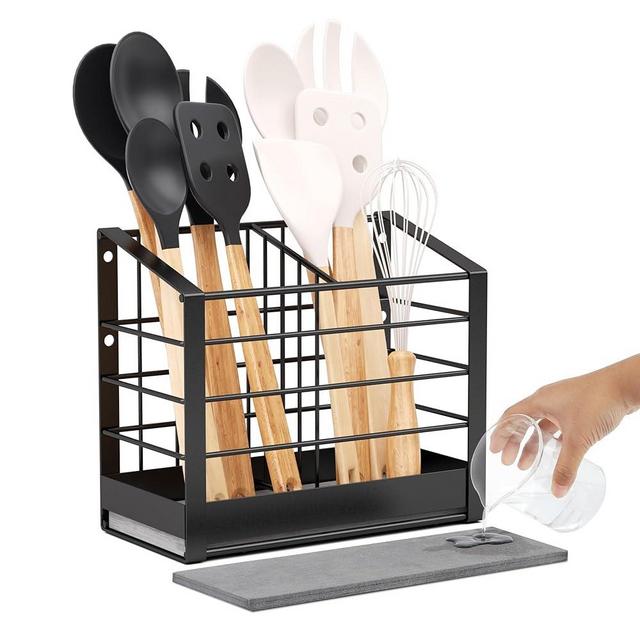 DTONIMA Large Utensil Holder for Kitchen Counter:Kitchen Cooking Utensil Holder Organizer with Diatomaceous Earth Base Matte Black (2 Compartments)