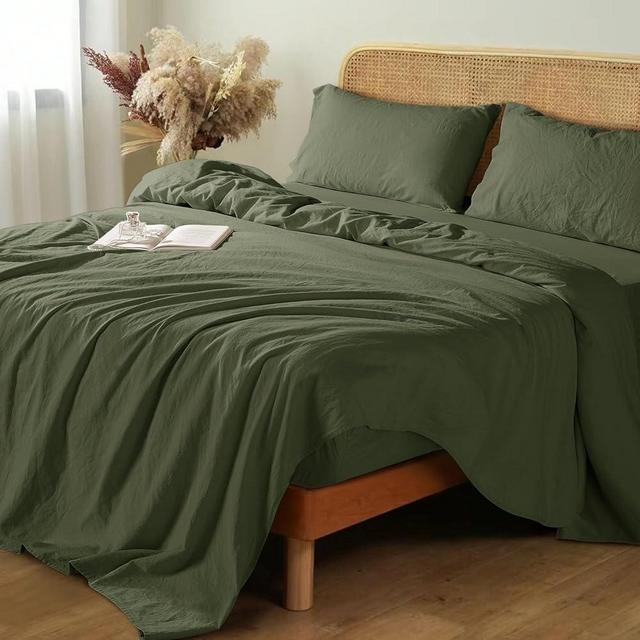 Shilucheng 100% French Linen Sheets - King Size Bed Sheets, Breathable & Cooling Pure Linen Sheets,Soft Durable and Tear Resistant -16 Inch Deep Pocket - 4Pcs (Olive, King)