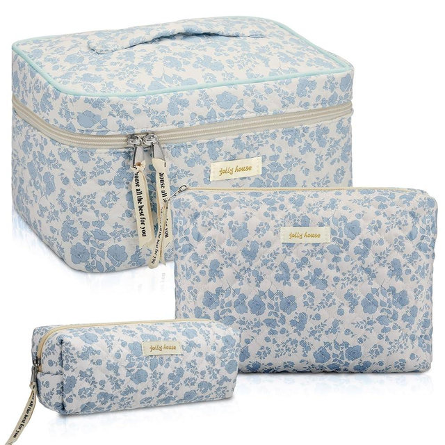 Zeyune 3 Pcs Quilted Makeup Bag Large Cosmetic Floral Makeup Bag Travel Toiletry Storage Aesthetic Cute Cosmetic Pouch with Zipper for Women Mother's Day Easter Gift Home Bathroom(Blue Flower)