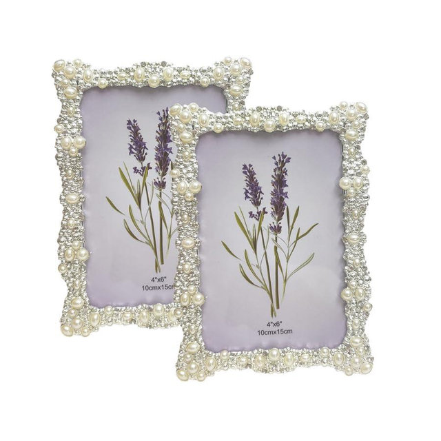 Elegant Pearl and Crystal Metal Picture Frame, White, 4 * 6in,5x7 Inch, Decorative Border, Wedding Style Photo Display, Silver Plated for Tabletop Display,2 Pack(PICTURE RANDOM) (2, 4X6)