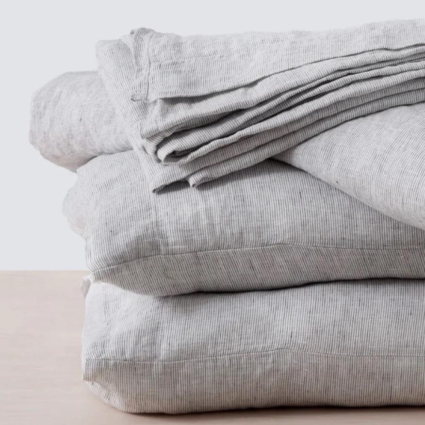 Stonewashed Linen Sheet Set- Graphite Thin Stripe King