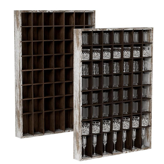 Socomf Wooden 56 Slots Glass Display Case Set of 2,Wall-Mounted Shot Glasses Shelf Rustic Brown Glasses Collection Holder 25"x18" Glass Display Box for Figures