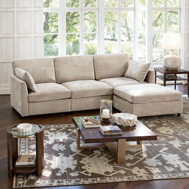 Iroomy Sectional Cloud Couch for Living Room, Spring Cushion Seating, L Shaped Convertible Modular Sofa with Ottoman, Khaki